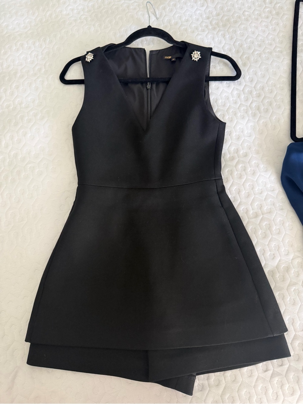 Maje Black Asymmetrical Sleeveless V-Neck Dress with Embellished Shoulders